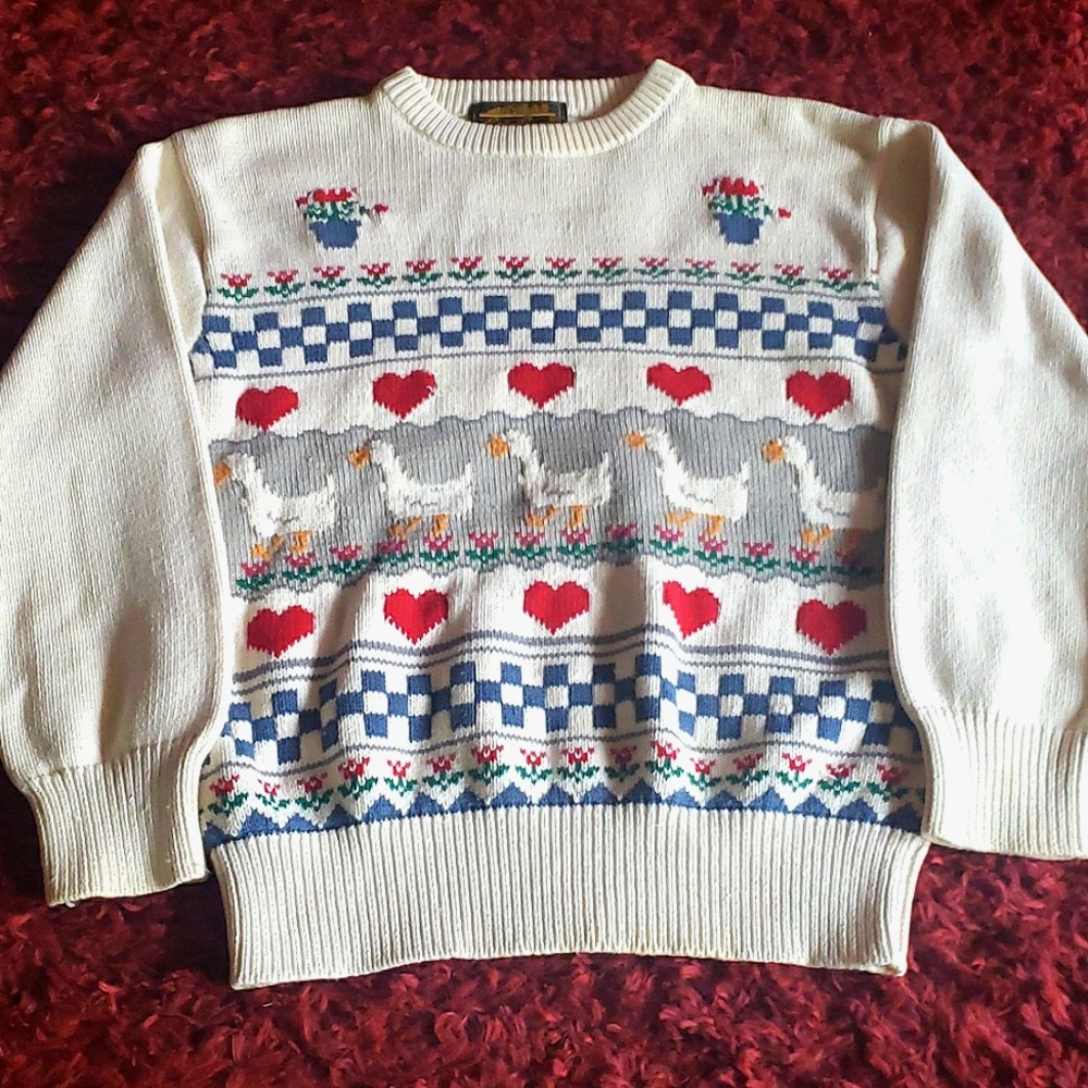 Eddie Bauer Cream Sweater with Red and Blue Patterns